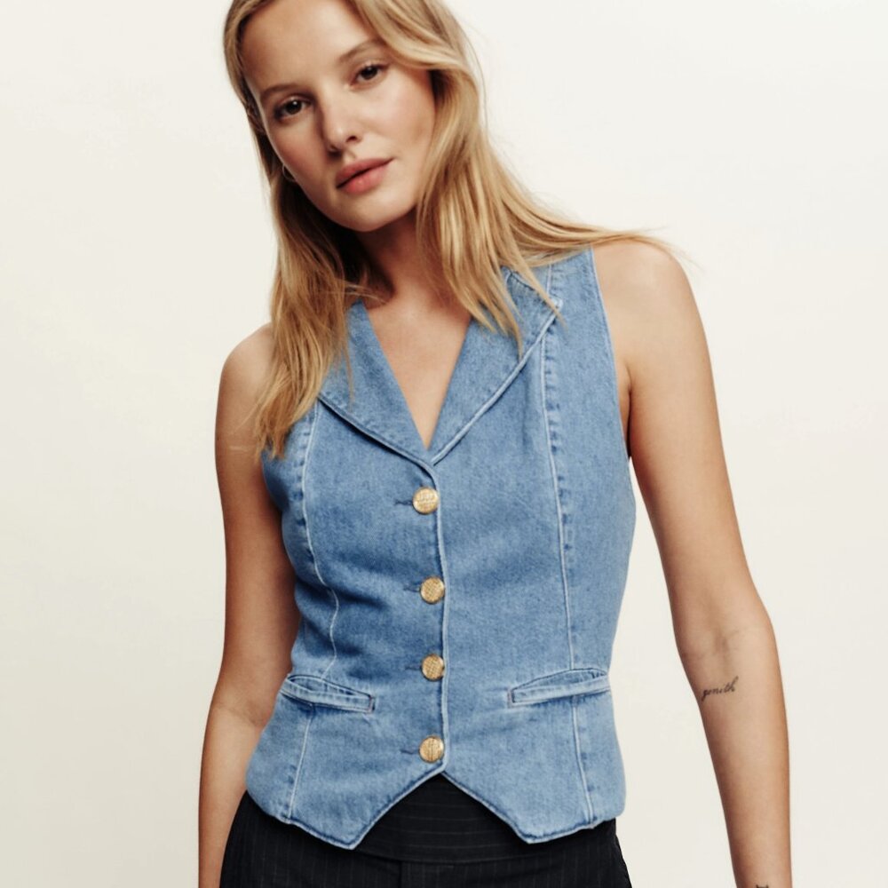 NWT Reformation Nova Vest in Denim Blue Size 2